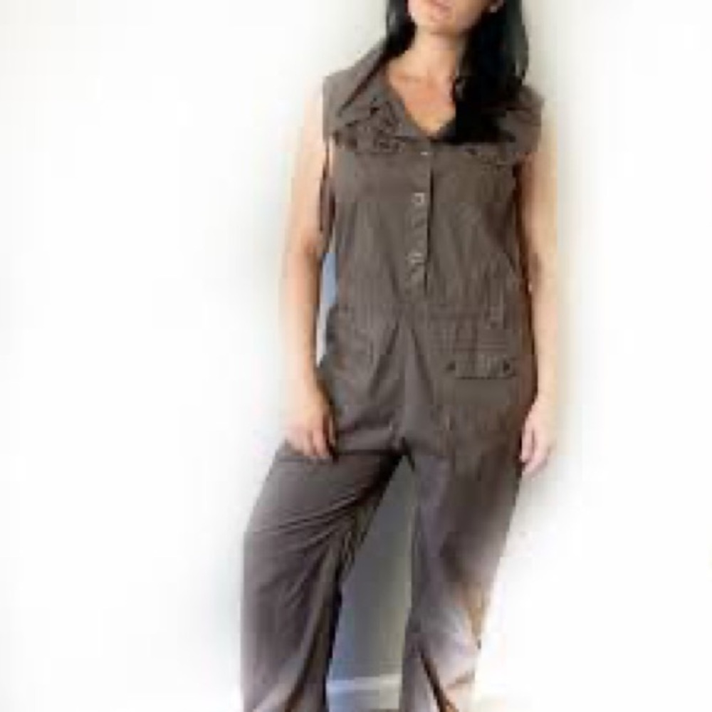 Per Se Botique Brown Cotton Poplin Wide Leg Jumpsuit L Utility Workwear XCVI